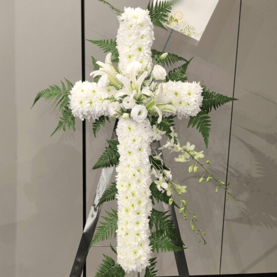 Cross Condolence Flowers Wreath (For A Dearly Departed One); white roses, white chrysanthemums, white orchid, white lily, golden phoenix and additional foliage