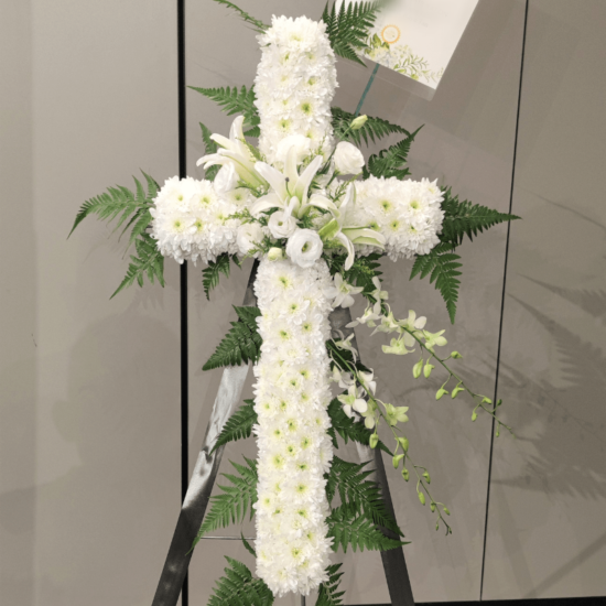 Cross Condolence Flowers Wreath (For A Dearly Departed One); white roses, white chrysanthemums, white orchid, white lily, golden phoenix and additional foliage