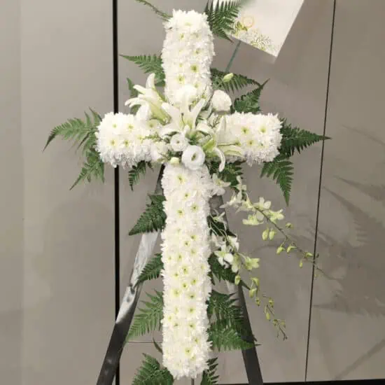 Cross Condolence Flowers Wreath (For A Dearly Departed One); white roses, white chrysanthemums, white orchid, white lily, golden phoenix and additional foliage