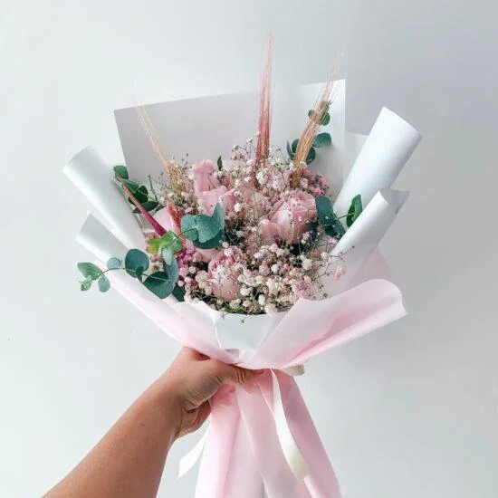 Singapore Florist - Pink Rose Bouquet with Eustoma and pink wheat