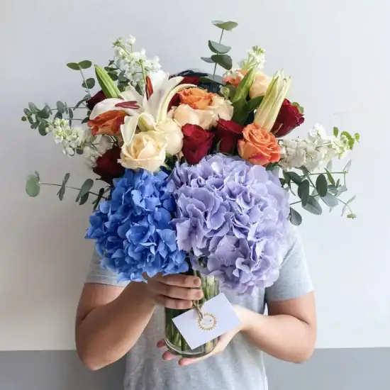 Home 9 Floral Vase Arrangement Blue and purple Hydrangea red chamagne and orange roses and Lylies 1