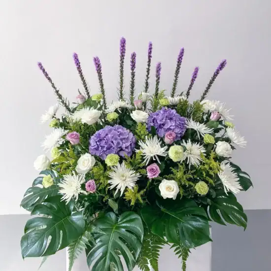 Sympathy Flowers Singapore - Free Same Day Delivery 51 Condolence Wreath White Rose, Pink Rose, Silk hydrangea, White Spiders, Purple Liatris, Green Carnations