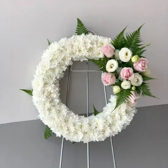 Ivory Condolence Wreath Singapore Florist Light Pink Roses white chrysanthemum