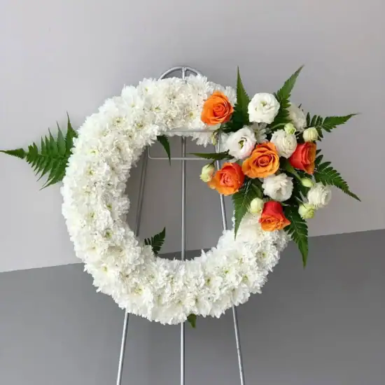 Ivory Funeral Wreath Orange Roses white chrysanthemum