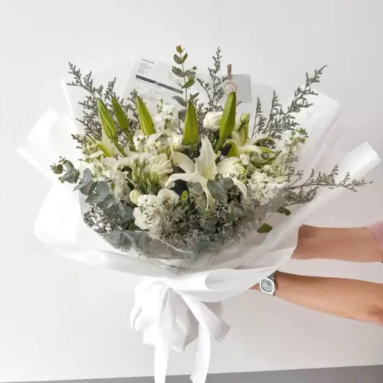 Sympathy Flowers Singapore - Free Same Day Delivery 24 White Lily White Mathiola Bouquet